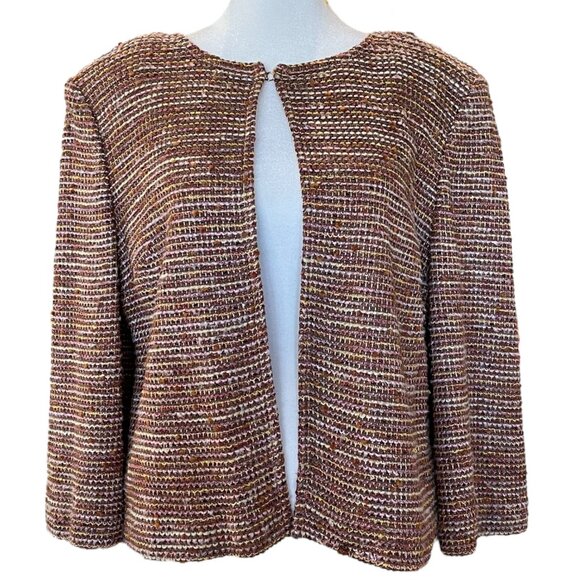 St. John Tweed Pattern Brown, Yellow, Pink Collarless 3/4 Sleeve Evening Jacket - Picture 1 of 5